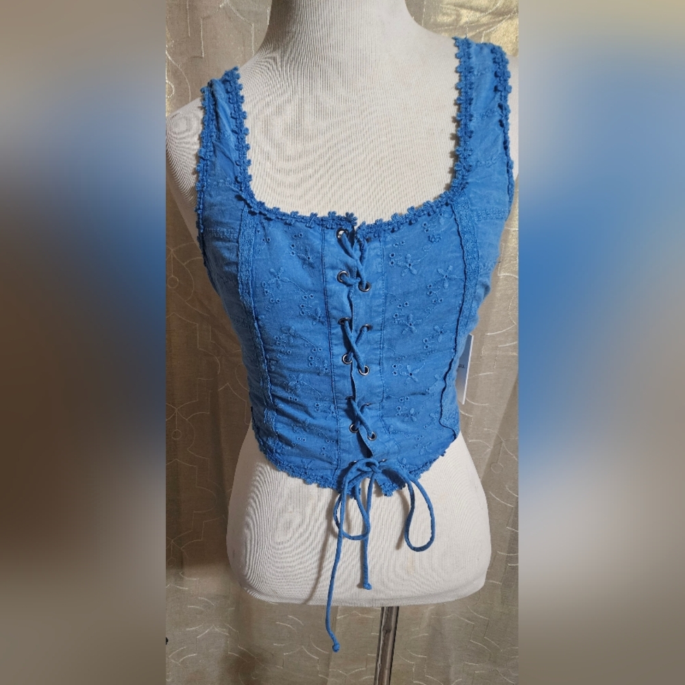 Japna Women's Blue Cropped Corset Style Cotton Tank Top Size Small  Medium NW0T